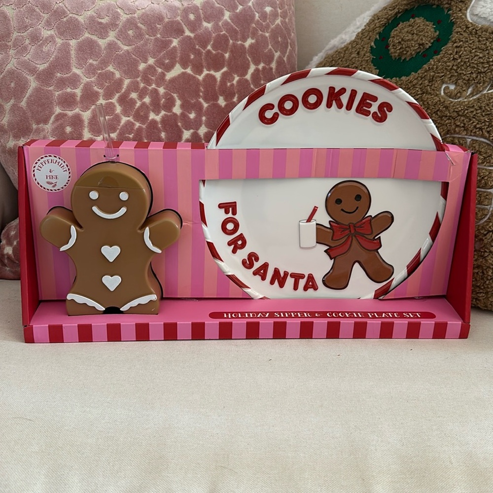 Peppermint & Pine gingerbread man sippy cup and cookie plate Santa Christmas